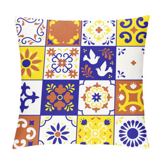 Personality  Mexican Talavera Pattern. Ceramic Tiles With Flower, Leaves And Bird Ornaments In Traditional Style From Puebla. Mexico Floral Mosaic In Navy Blue, Terracotta, Yellow And White. Folk Art Design. Pillow Covers