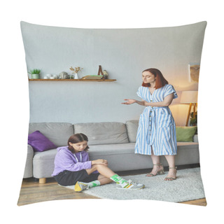 Personality  Serious Woman Talking To Frustrated Teenage Daughter Sitting On Floor In Living Room, Generation Gap Pillow Covers