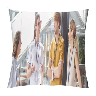 Personality  Cheerful Employees In Smart Casual Clothing Smiling And Discussing Work, Coworking Concept, Banner Pillow Covers