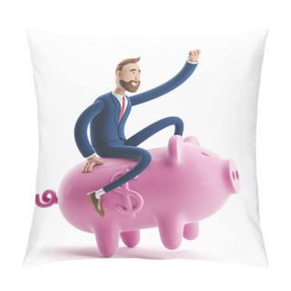 Personality  3d Illustration. Portrait Of A Handsome Businessman With Piggy Bank. Safe Money Storage Concept. Pillow Covers
