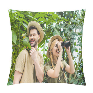 Personality  Happy Young Couple With Parrot Sitting On Shoulder Of Man Hiking Together In Jungle Pillow Covers