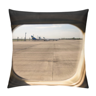 Personality  ROME, ITALY - JUNE 28, 2019: Airplanes At Aerodrome Behind Plane Window In Rome, Italy Pillow Covers