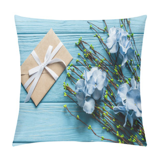 Personality  Top View Of Wooden Blue Background With Blossoming Branches And Flowers Near Envelope Pillow Covers