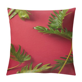 Personality  Top View Of Tropical Green Leaves On Red Background Pillow Covers