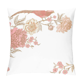 Personality  Card With Flowers And Birds. Peonies And Pheasants. Floral Exotic Vintage Decoration. Ancient Oriental Style. Vector Illustration. Template For Design Of Wedding Invitations And Holiday Greetings. Pillow Covers