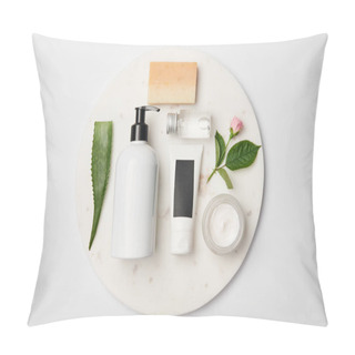Personality  Top View Of Different Cosmetic Containers, Soap, Aloe Vera Leaf And Rose Flower On White Round Surface Pillow Covers