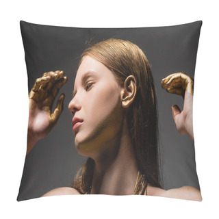 Personality  Fair Haired Model With Hands In Golden Paint Looking Away Isolated On Grey  Pillow Covers