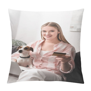 Personality  Smiling Woman Holding Credit Card Near Jack Russell Terrier And Laptop While Online Shopping At Home Pillow Covers