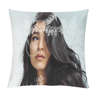 Personality  Attractive Brunette Thai Woman Near Mandala Floral Ornament  Pillow Covers