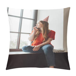 Personality  Attractive Girl In Party Cap Sitting On Window Sill And Talking On Smartphone While Looking At Window Pillow Covers