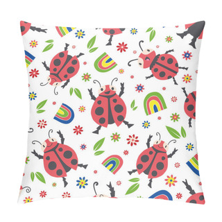 Personality  Cute Ladybirds And Rainbows Seamless Vector Pattern Background. Happy Dancing Ladybugs In Childlike Drawing Style. Design In Primary Colors With Garden Bugs, Flowers.All Over Print For Children Pillow Covers