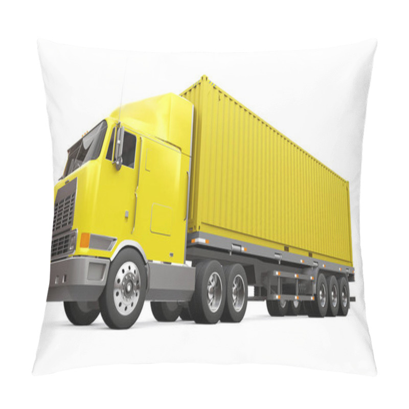 Personality  A Large Retro Yellow Truck With A Sleeping Part And An Aerodynamic Extension Carries A Trailer With A Sea Container. 3d Rendering Pillow Covers