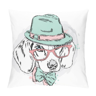 Personality  Cool Dog With Hat And Glasses. Cute Puppy. Pillow Covers