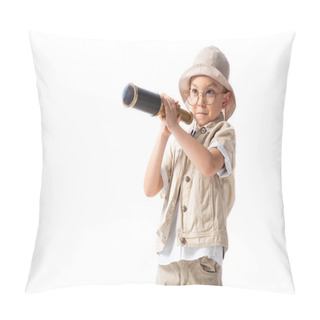 Personality  Curious Smiling Explorer Boy In Glasses And Hat Holding Spyglass Isolated On White Pillow Covers