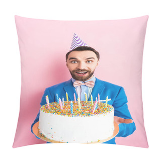 Personality  Happy Businessman In Party Cap Holding Birthday Cake With Candles On Pink  Pillow Covers