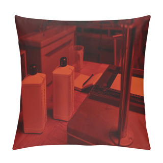 Personality  Essential Darkroom Chemical Bottles Poised For Use In The Analog Film Development Process Pillow Covers