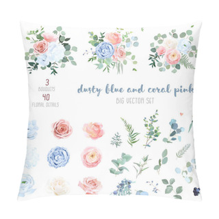 Personality  Dusty Blue, Blush Pinkand Coral Rose, White Hydrangea, Peachy Ranunculus Pillow Covers