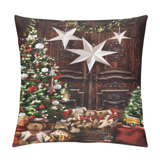 Personality  Christmas Background With Gift Boxes Under The Christmas Tree And Teddy Bear Family Decoration In Rustic Style Interior Pillow Covers