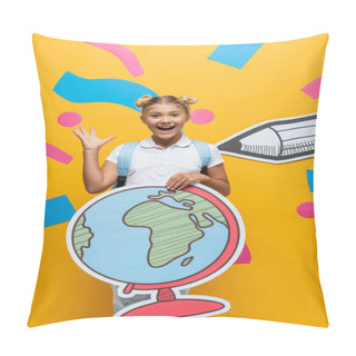 Personality  Joyful Schoolgirl Waving Hand While Holding Globe Maquette On Yellow Background With Paper Cut Pencil And Colorful Elements  Pillow Covers