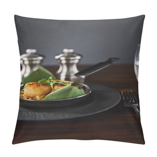 Personality  Selective Focus Of Delicious Grilled Scallops With Green Leaves And Microgreens Near Cutlery, Water And Pepper, Salt Shakers Pillow Covers