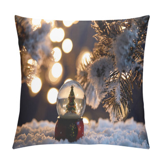 Personality  Decorative Christmas Tree In Snowball Standing In Snow With Spruce Branches And Blurred Lights At Night Pillow Covers