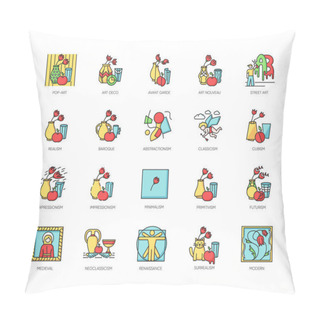 Personality  Art Movements RGB Color Icons Set. Still Life Artwork In Medieval, Modern Styles. Impressionism, Expressionism And Realism Painting. Isolated Vector Illustrations Pillow Covers