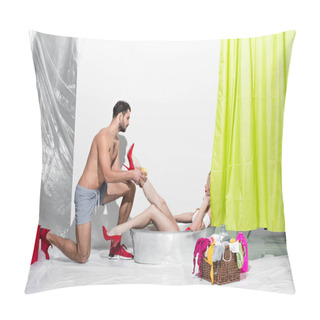 Personality  Side View Of Bearded Man Washing Leg Of Pin Up Woman With Sponge On White  Pillow Covers