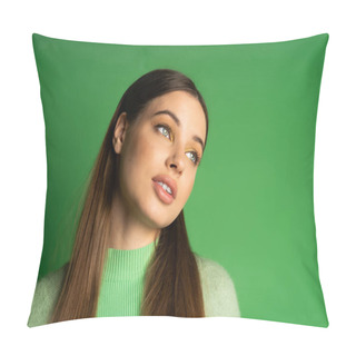 Personality  Brunette Teenage Girl Looking Away On Green Background  Pillow Covers