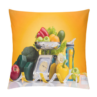 Personality  Close-up View Of Fresh Fruits And Vegetables On Scales, Sports Bottle With Water, Dumbbells And Measuring Tape On Yellow   Pillow Covers