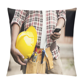 Personality  Close-up Of Construction Worker Texting On Mobile Phone Pillow Covers