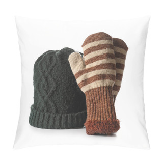 Personality  Warm Mittens And Hat Isolated On White Background Pillow Covers