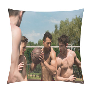 Personality  Cropped View Of Sexy Shirtless Sportsmen Playing Basketball Under Blue Sky Pillow Covers