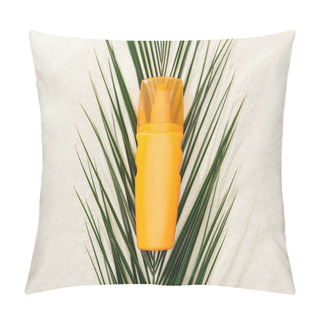 Personality  Orange Sunscreen Lotion On Green Palm Leaf On Sand Pillow Covers