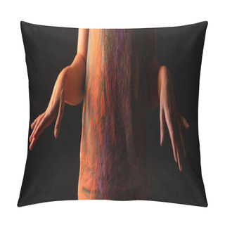 Personality  Cropped View Of Woman With Orange Colorful Holi Paint Powder On Body And Clothes Isolated On Black, Panoramic Shot Pillow Covers