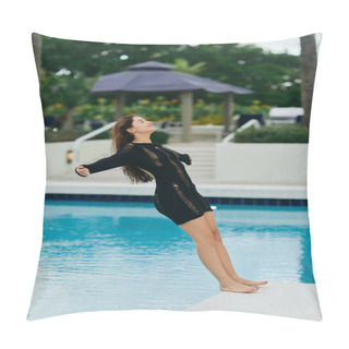 Personality  Carefree And Barefoot, Brunette Woman In Black Knitted Dress Falling Into Blue Water Of Outdoor Swimming Pool In Luxury Resort In Miami, Freedom, Blurred Background, Happiness  Pillow Covers