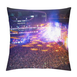 Personality  Happy People Clapping At Night Concert, Partying And Raising Hands For The Artist On Stage. Blurry Aerial View Of Concert Crowd Pillow Covers