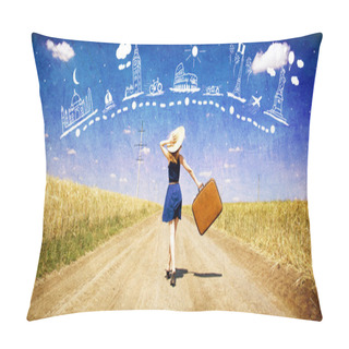 Personality  Lonely Girl With Suitcase At Country Road Dreaming About Travel. Pillow Covers