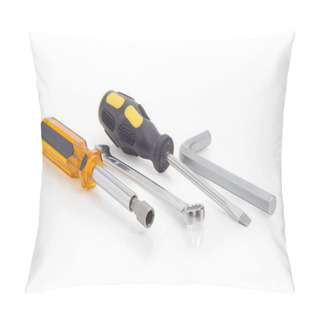 Personality  Nut Driver, Chrome-plated Combination Wrench Open At One End And Ring At The Other, Screwdriver With Flat Tip And Hex Key At Selective Focus On A White Background Pillow Covers