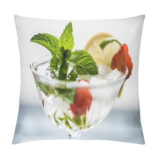 Personality  Close-up View Of Fresh Cold Strawberry Mojito Cocktail In Glass Pillow Covers