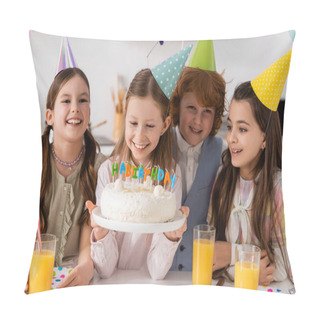 Personality  Happy Birthday Girl Holding Cake With Candles Near Cheerful Friends During Celebration At Home  Pillow Covers