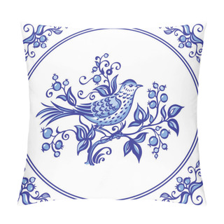 Personality  Bird On The Bush With Berries, Decor Or Painting In The Dutch Style, Pattern For Tiles And Other Designs. Pillow Covers