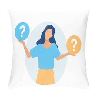 Personality  Vector Of A Puzzled Young Woman In Doubt Thinking, Analyzing Two Options.  Pillow Covers