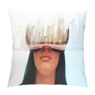 Personality  Double Exposure Of Brunette Girl Wearing Virtual Reality Headset And Modern City With Skyscrapers  Pillow Covers