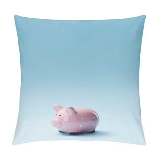Personality  Close Up View Of Pink Piggy Bank Isolated On Blue Pillow Covers