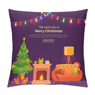 Personality  Christmas Room Interior In Colorful Cartoon Flat Style. Pillow Covers