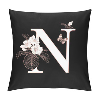 Personality  Letter N, Flowers Flowering Sakura Branches And Butterfly Isolated. Vector Decoration. Black, White And Gold. Vintage Illustration. Floral Pattern For Greetings, Wedding Invitations, Text Design. Pillow Covers