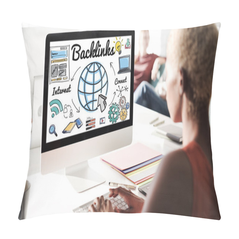 Personality  Businesswoman Working On Computer With Backlinks Pillow Covers