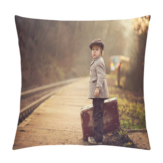 Personality  Adorable Boy On A Railway Station, Waiting For The Train With Suitcase And Teddy Bear, Vintage Look Pillow Covers