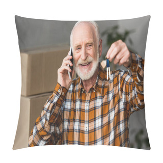 Personality  Happy Senior Man Talking On Phone And Holding Keys In New House, Moving Concept Pillow Covers