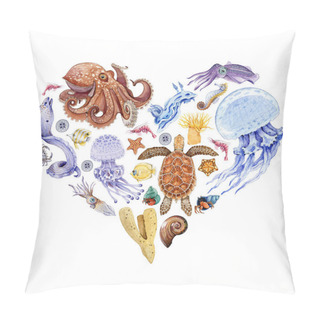 Personality  Coral Reef Sea Animals Heart Shape Watercolor Illustration. Hand Drawn Octopus, Sea Turtle, Jellyfish, Stingray, Coral Fish, Seaweed Arrangement. Marine Wildlife Decor Composition On White Background Pillow Covers